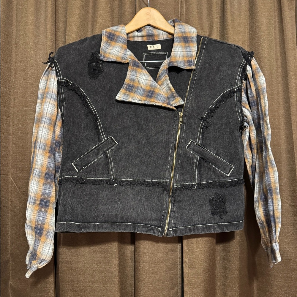 Pol Black and Plaid Denim Distressed Jacket, Size S